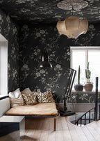 Poetic Flora wall mural by Rebel Walls in Black, styled room