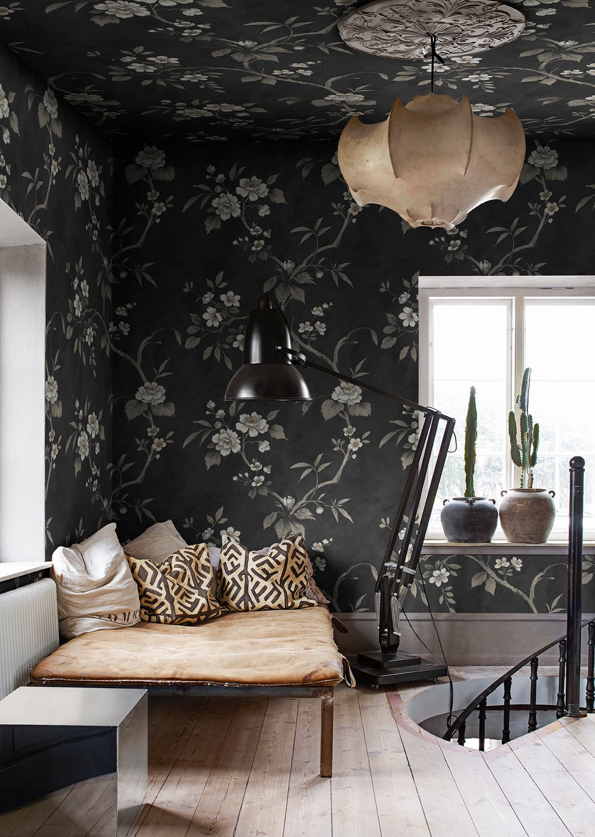 Poetic Flora wall mural by Rebel Walls in Black, styled room