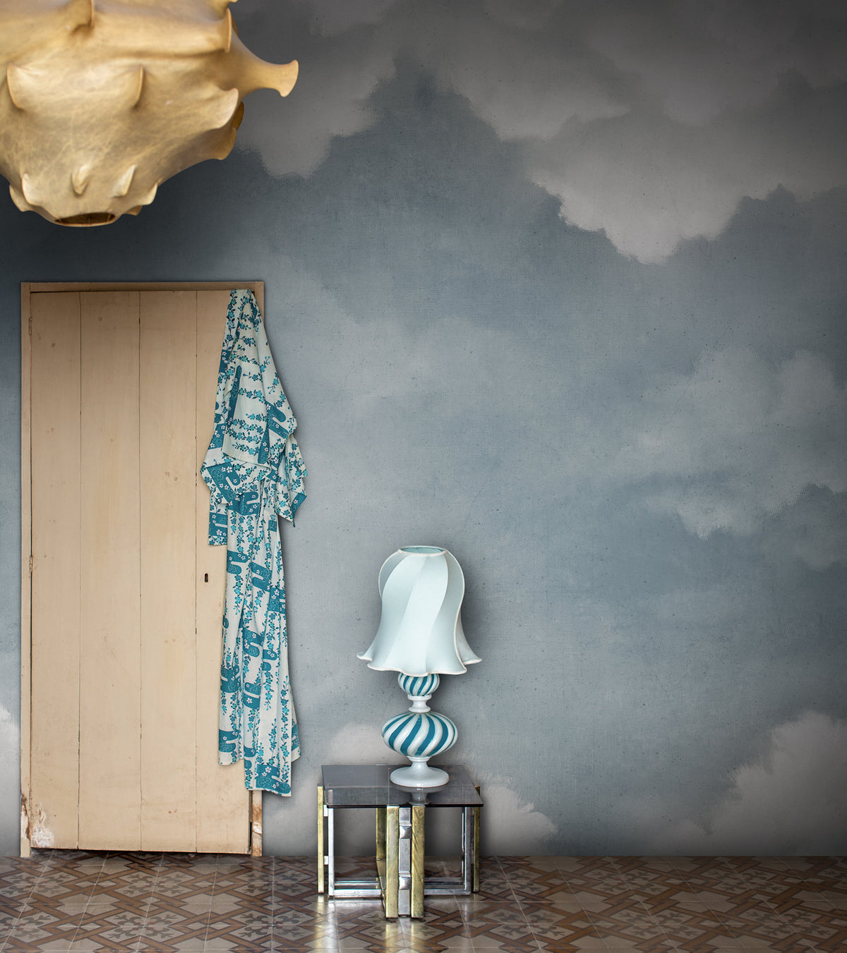 Sky of Clouds wall mural by Rebel Walls in Blue, styled room