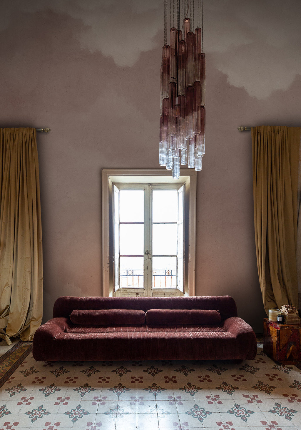 Sky of Clouds wall mural by Rebel Walls in Pink, styled room