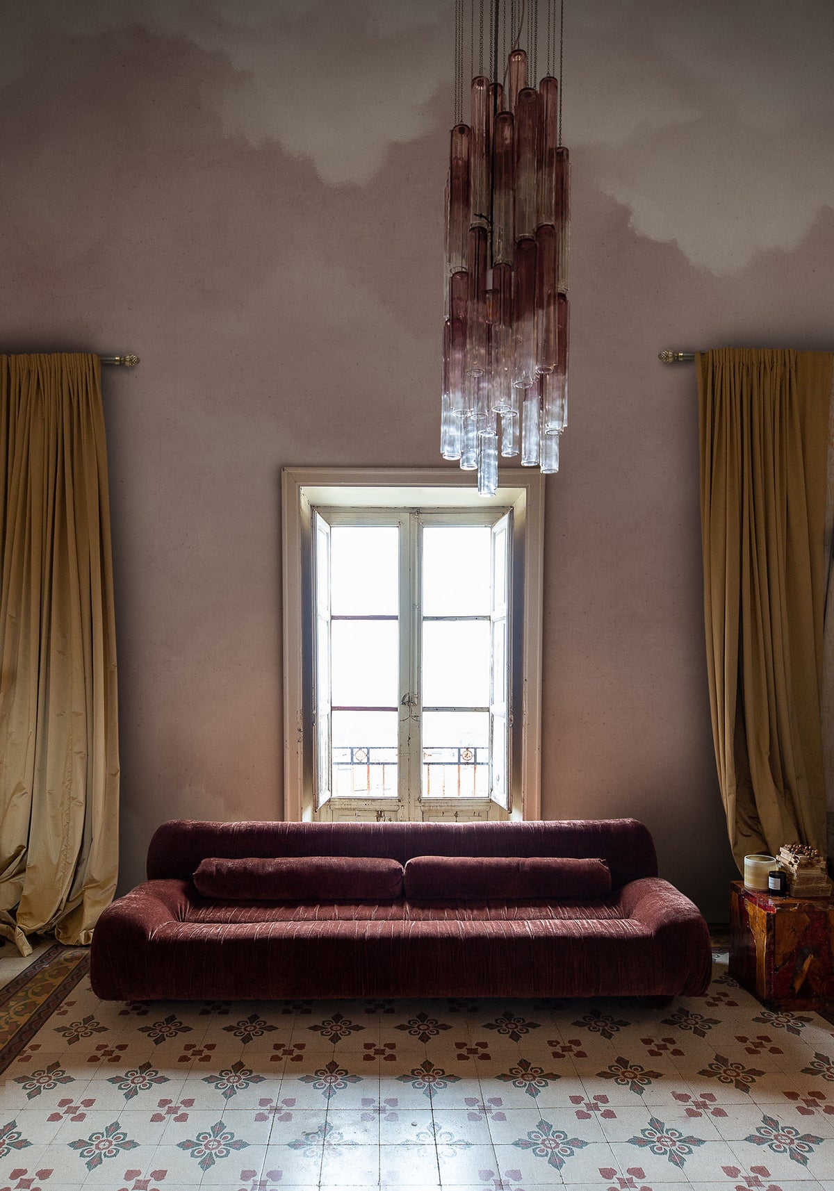 Sky of Clouds wall mural by Rebel Walls in Pink, styled room