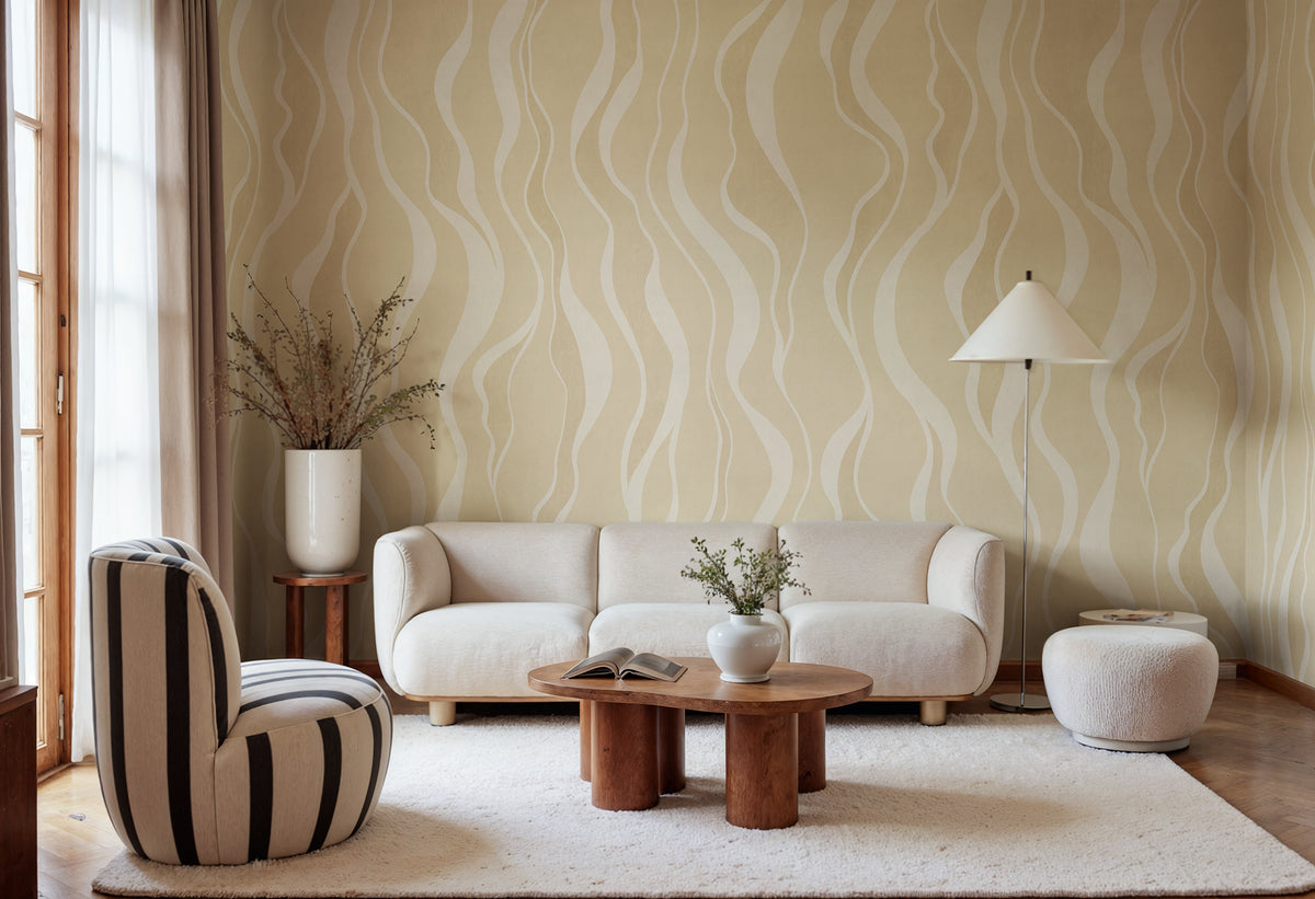 Gentle Lines wall mural by Rebel Walls in Yellow, styled room