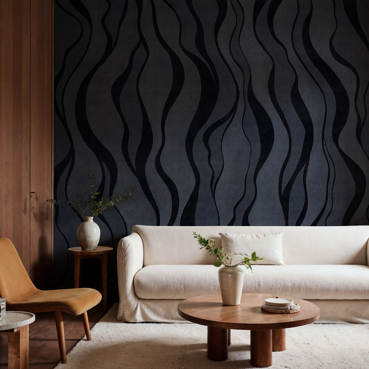 Gentle Lines wall mural by Rebel Walls in Navy, styled room