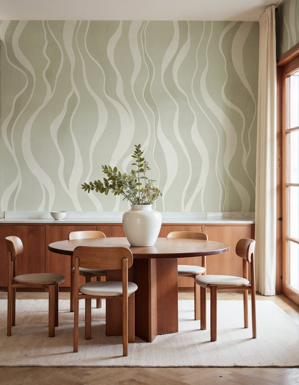 Gentle Lines wall mural by Rebel Walls in Green, styled room