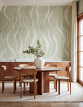 Gentle Lines wall mural by Rebel Walls in Green, styled room