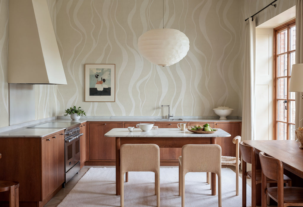 Gentle Lines wall mural by Rebel Walls in Cream, styled room