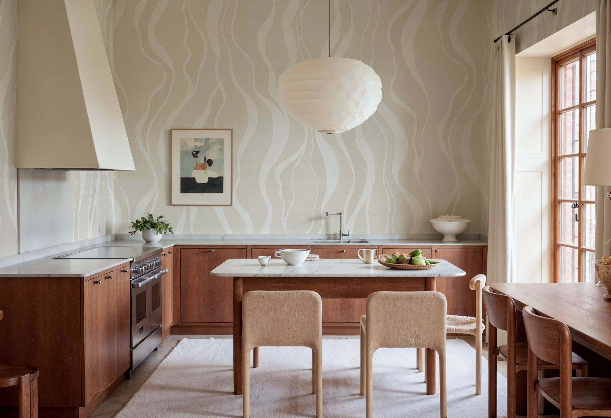 Gentle Lines wall mural by Rebel Walls in Cream, styled room