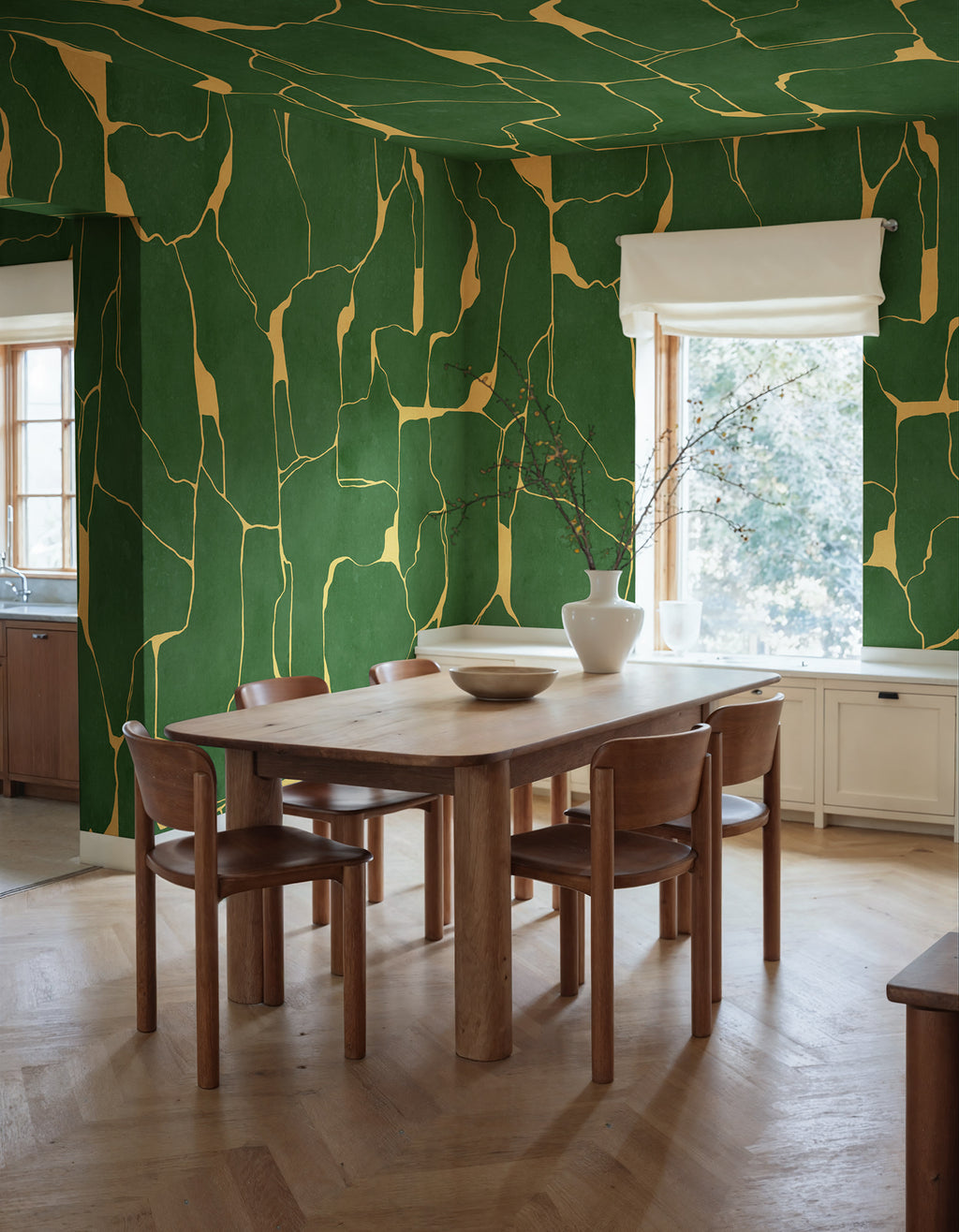 Linear Flow wall mural by Rebel Walls in Green, styled room
