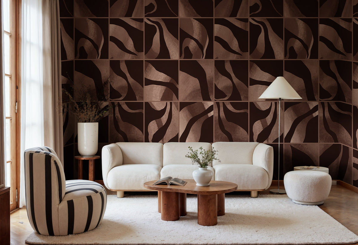 Floating Tiles wall mural by Rebel Walls in Brown – Dark, styled room