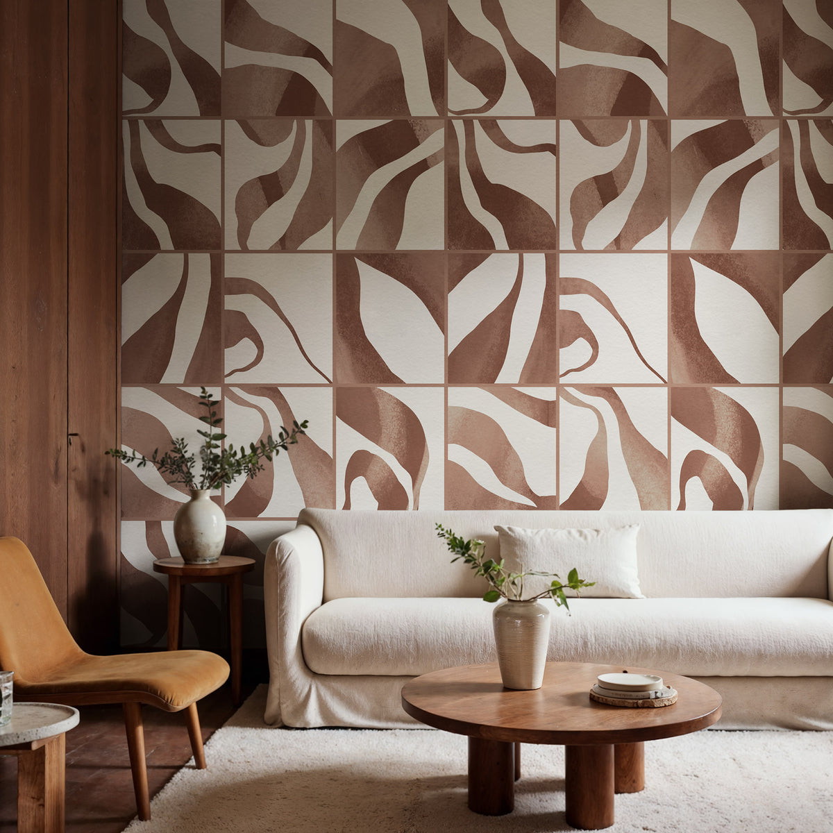 Floating Tiles wall mural by Rebel Walls in Brown, styled room