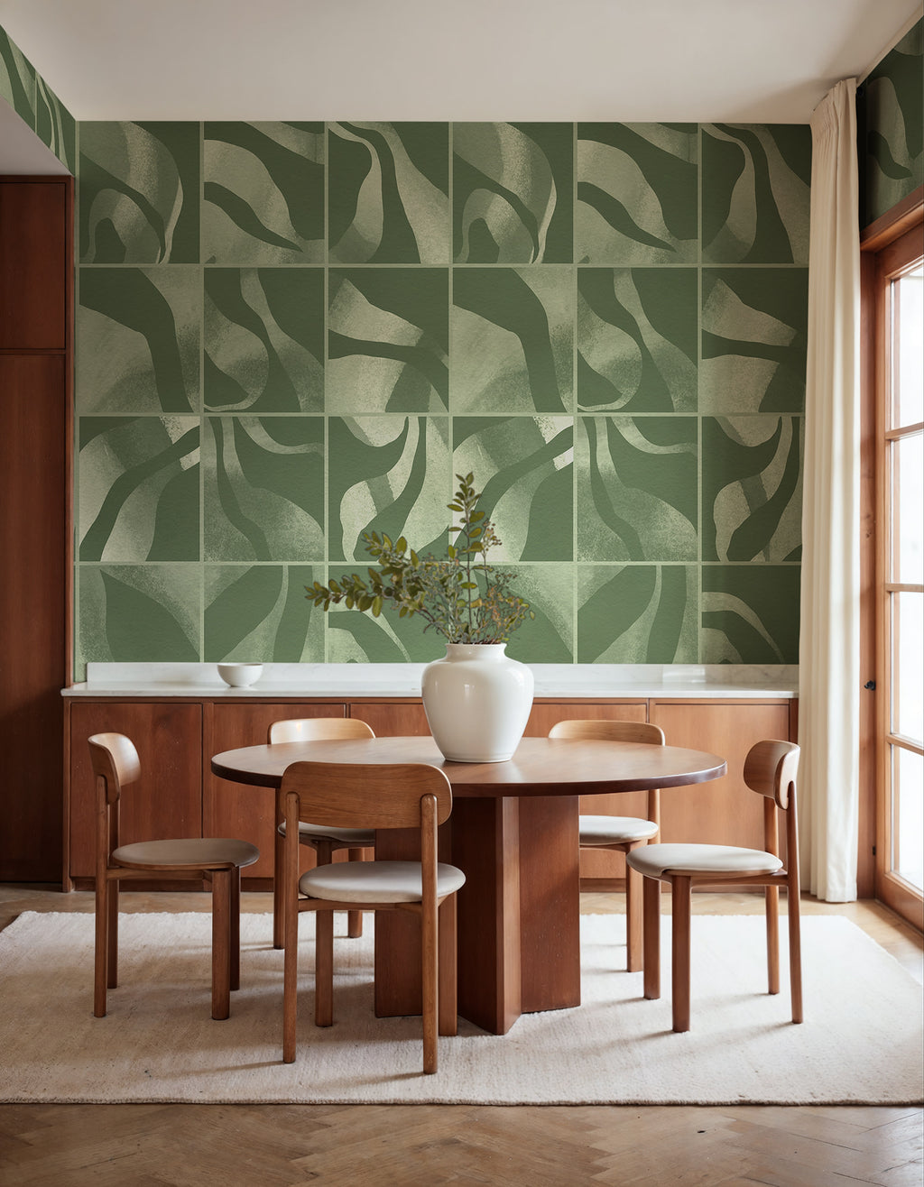 Floating Tiles wall mural by Rebel Walls in Green – Dark Green, styled room