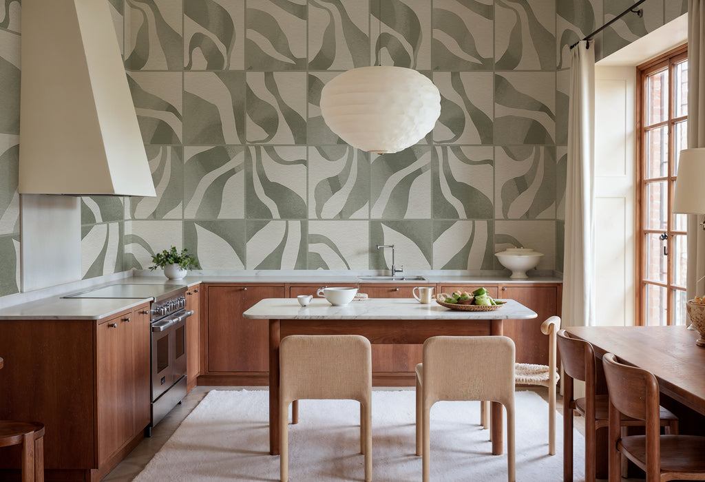 Floating Tiles wall mural by Rebel Walls in Green, styled room