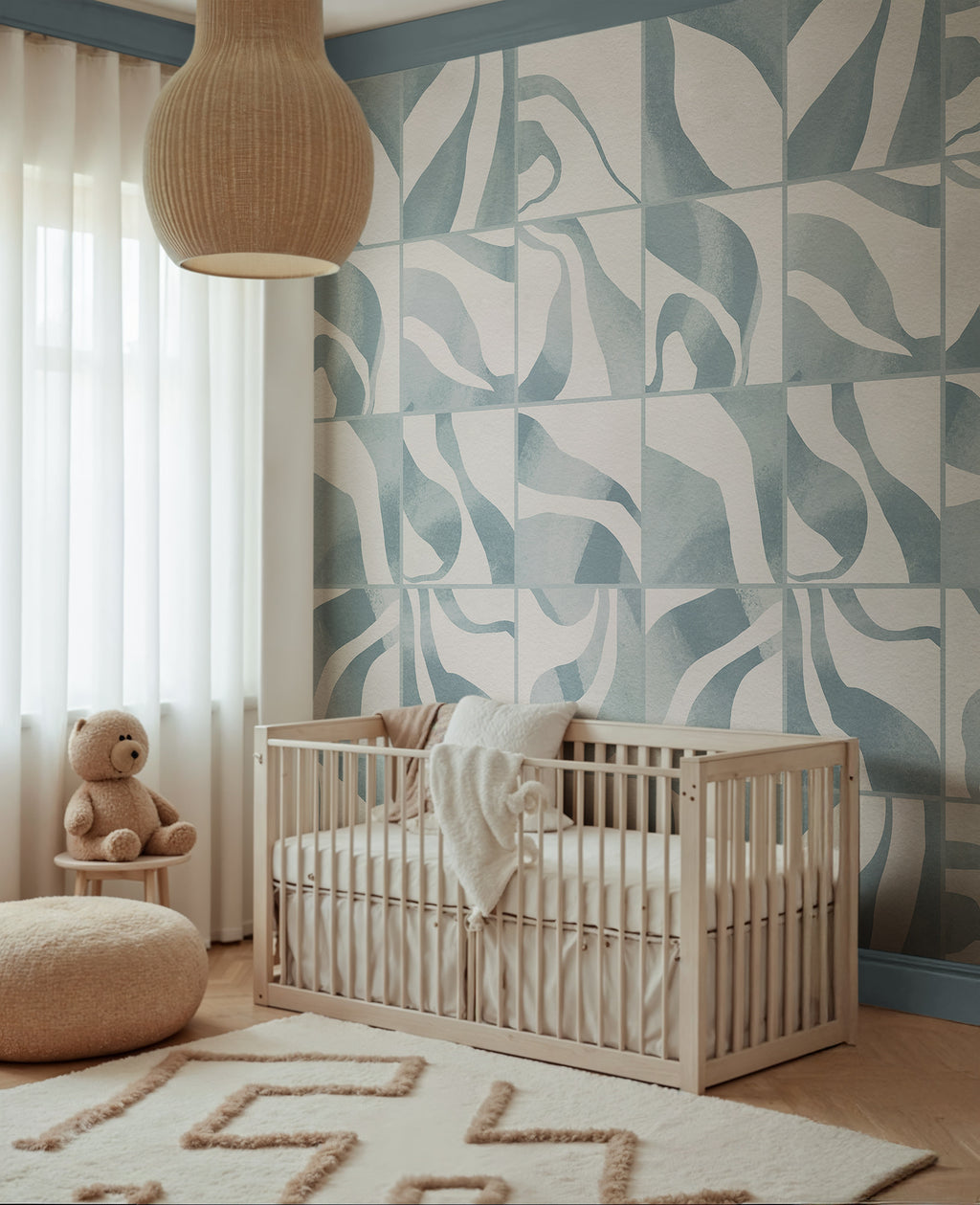 Floating Tiles wall mural by Rebel Walls in Blue, styled room