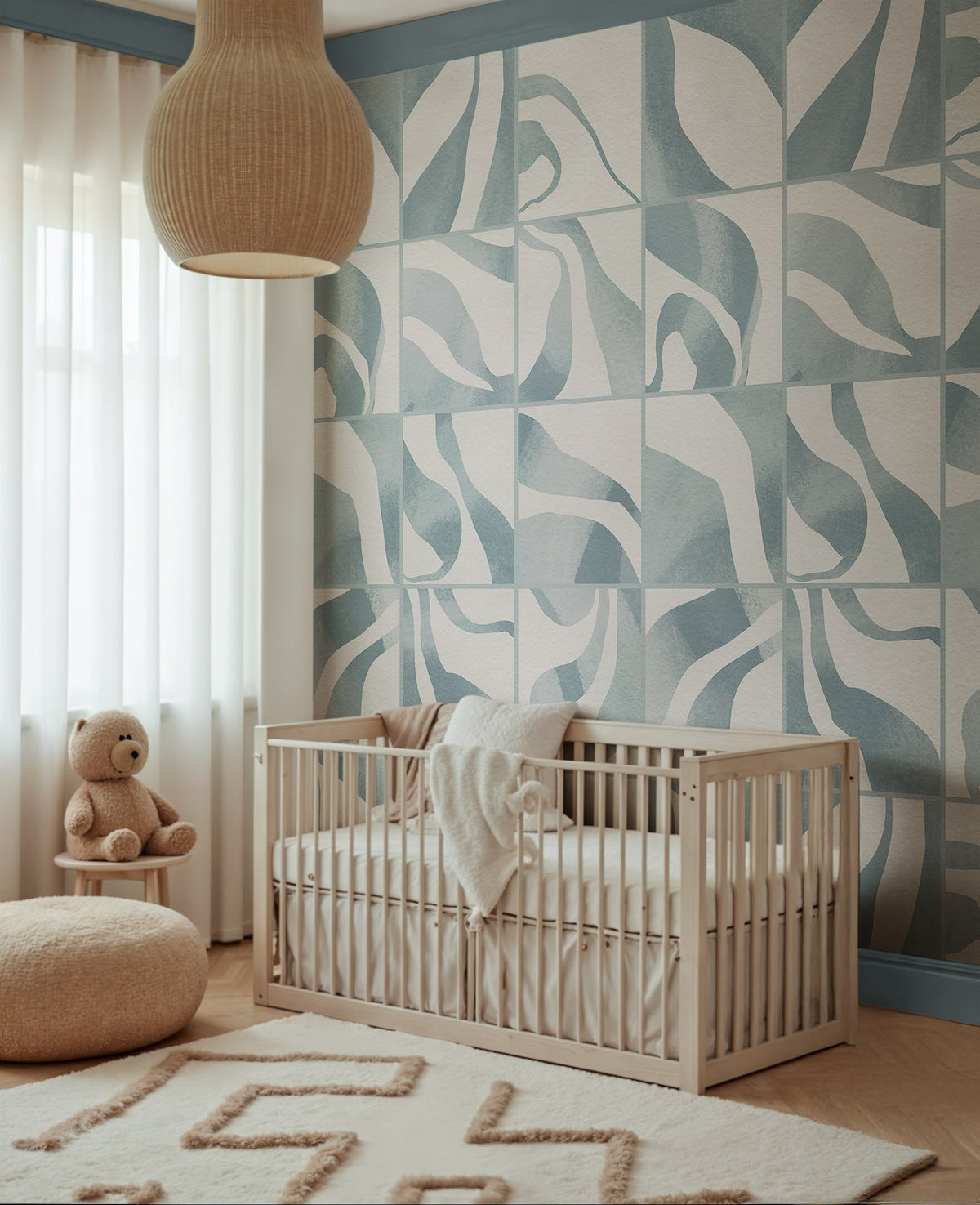 Floating Tiles wall mural by Rebel Walls in Blue, styled room