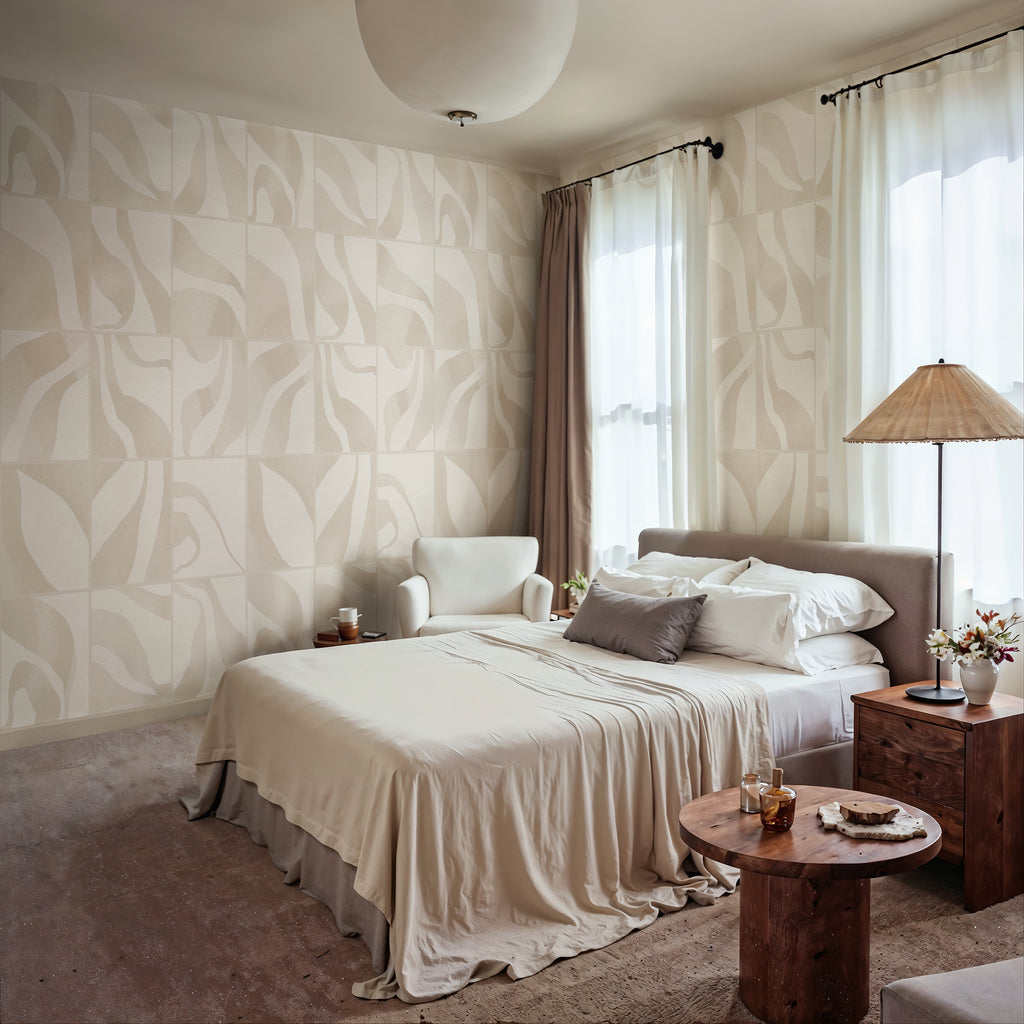 Floating Tiles wall mural by Rebel Walls in Beige, styled room