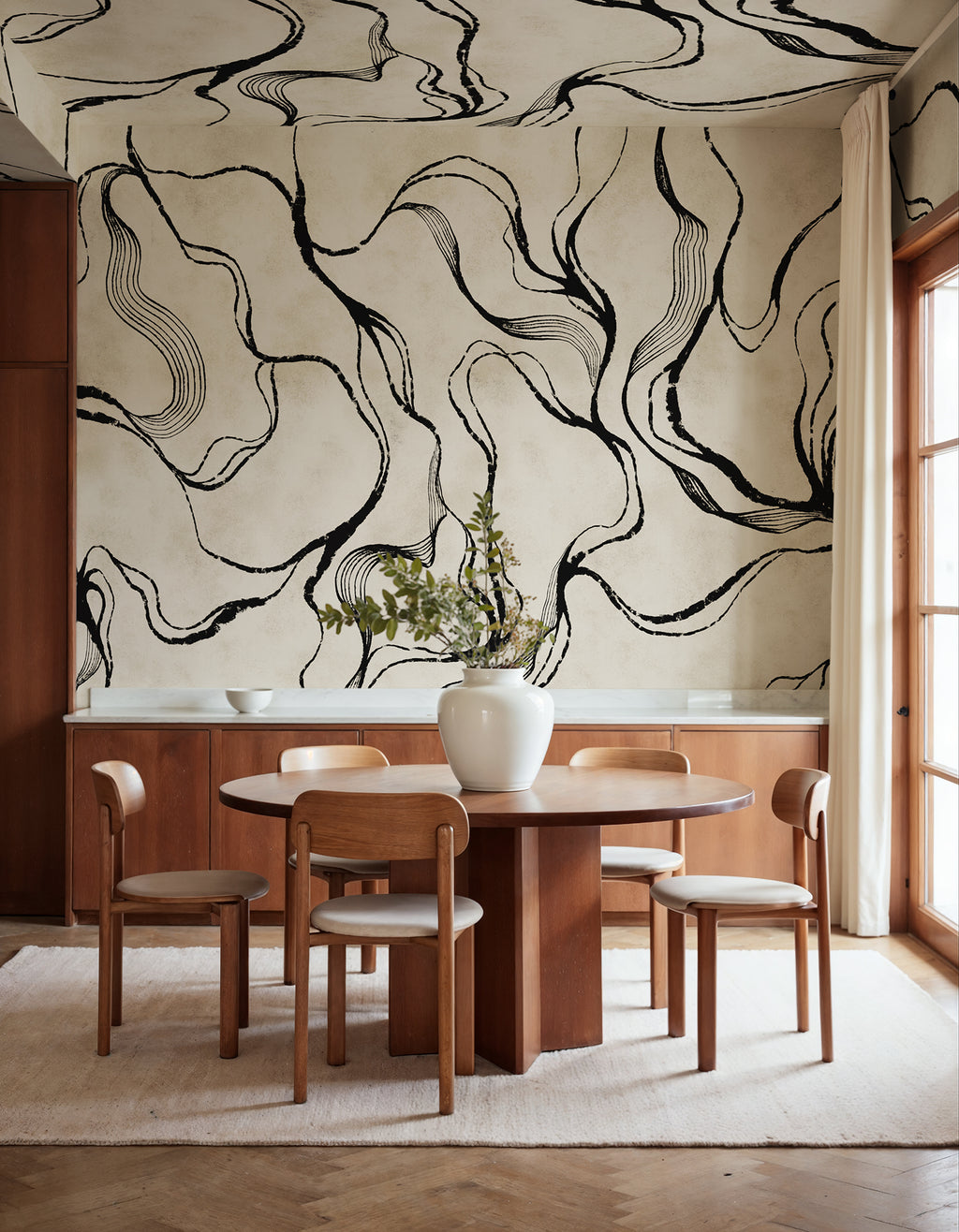 Soft Curve wall mural by Rebel Walls in Black, styled room