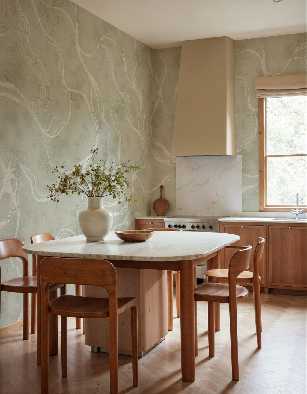 Soft Curve wall mural by Rebel Walls in Green, styled room