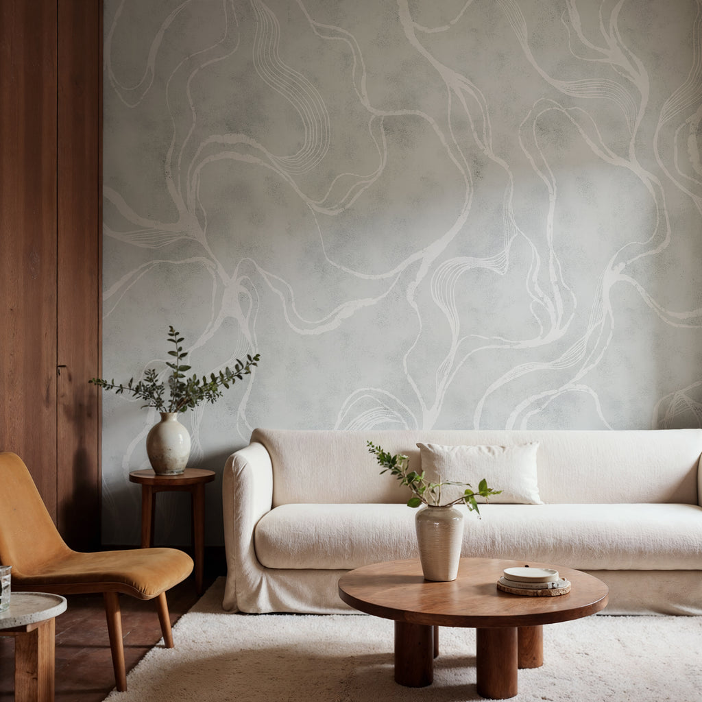 Soft Curve wall mural by Rebel Walls in Blue, styled room