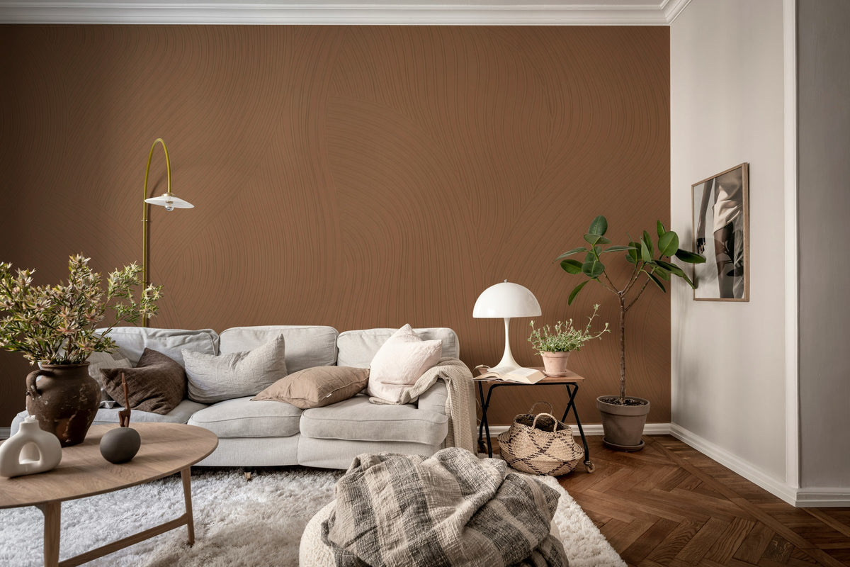 Clay Flow wall mural by Rebel Walls in Brown, styled room