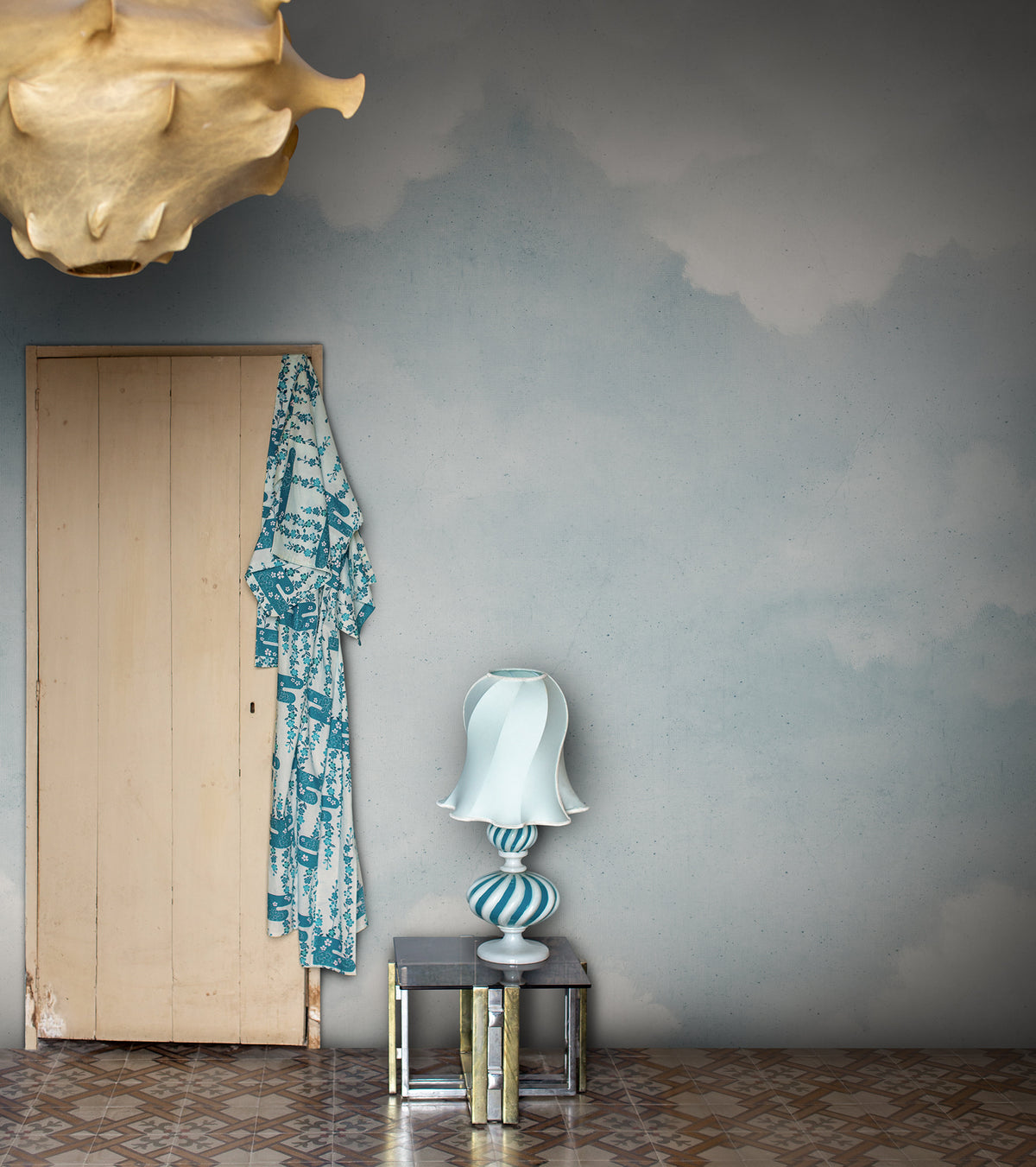 Sky of Clouds wall mural by Rebel Walls in Light Blue, styled room
