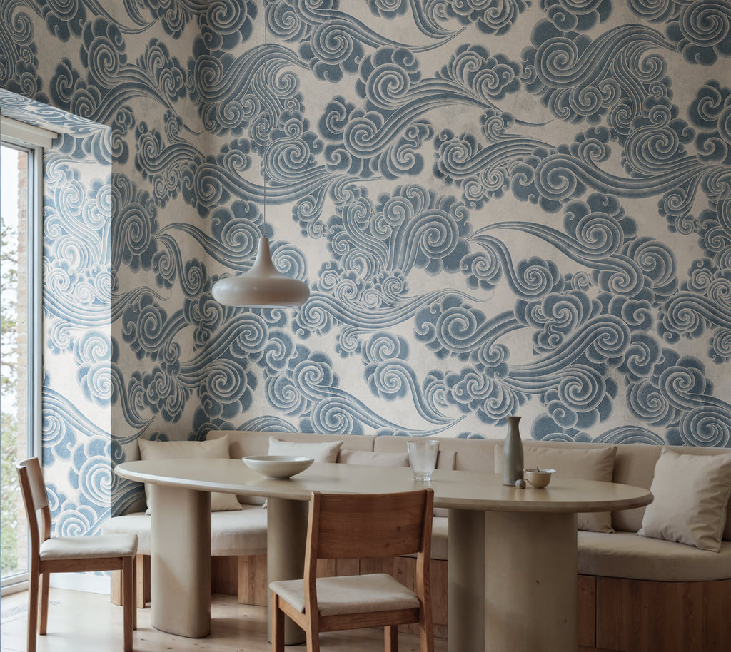 Kumo wall mural by Rebel Walls in Blue, styled room