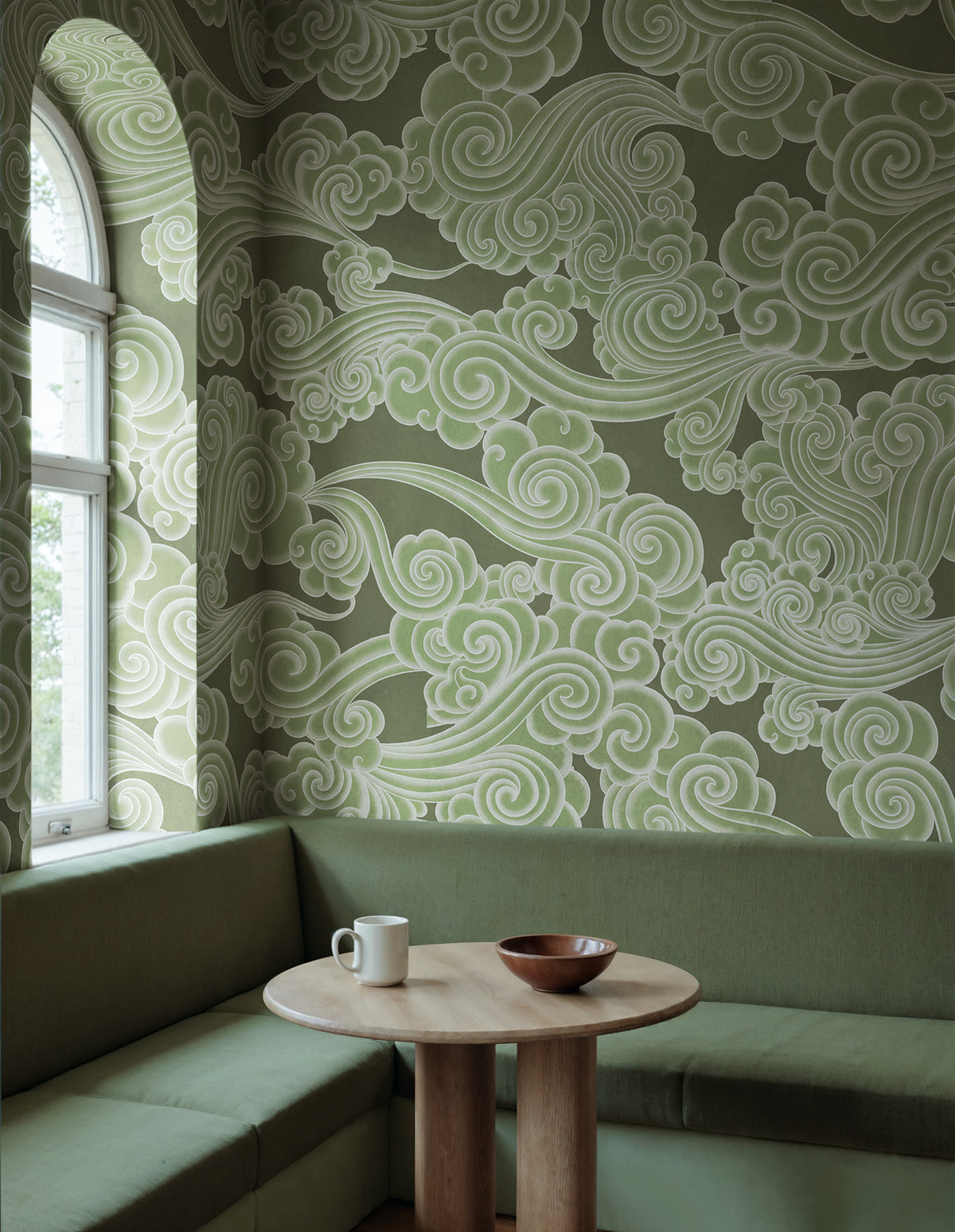 Kumo wall mural by Rebel Walls in Green, styled room