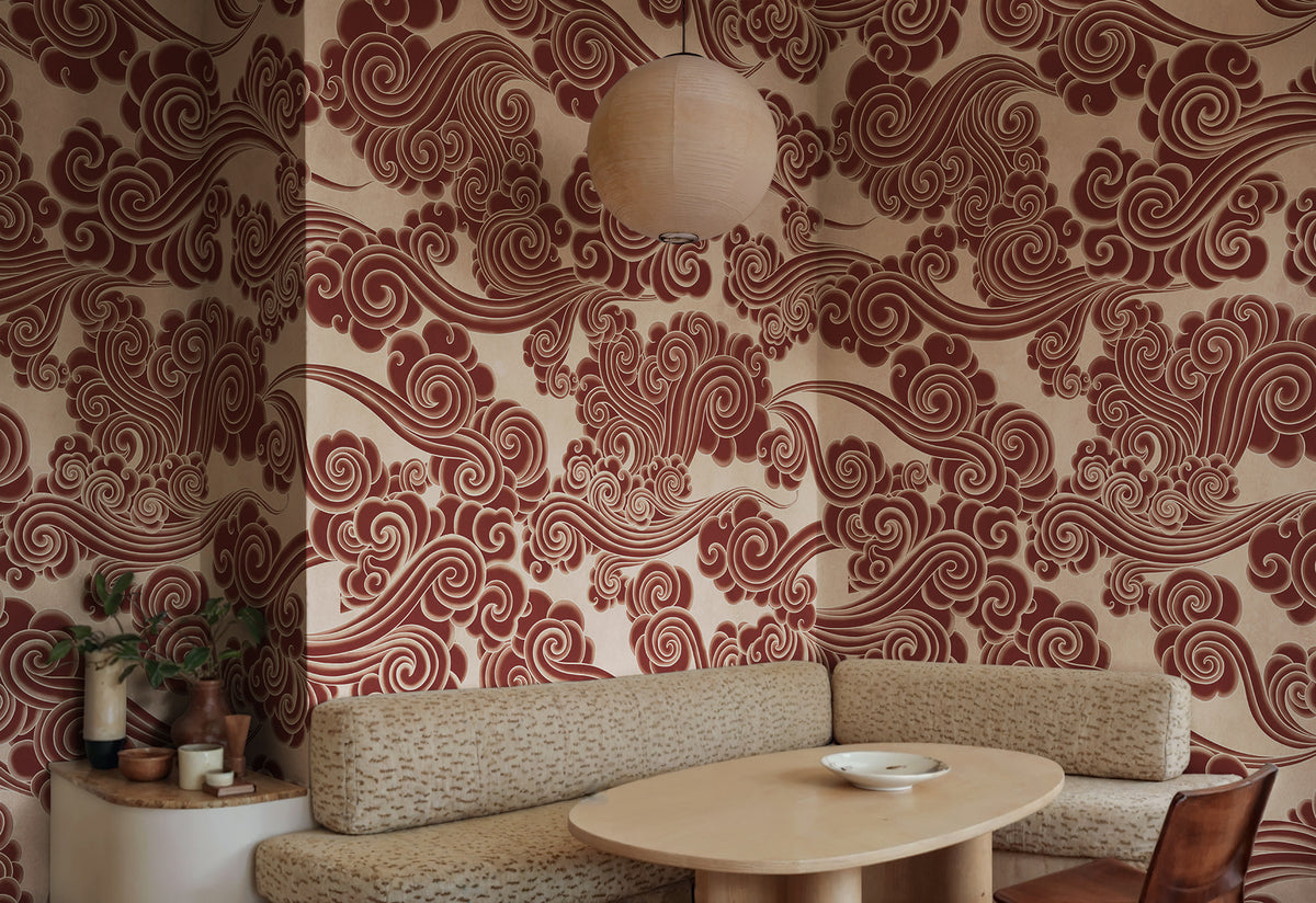 Kumo wall mural by Rebel Walls in Red, styled room