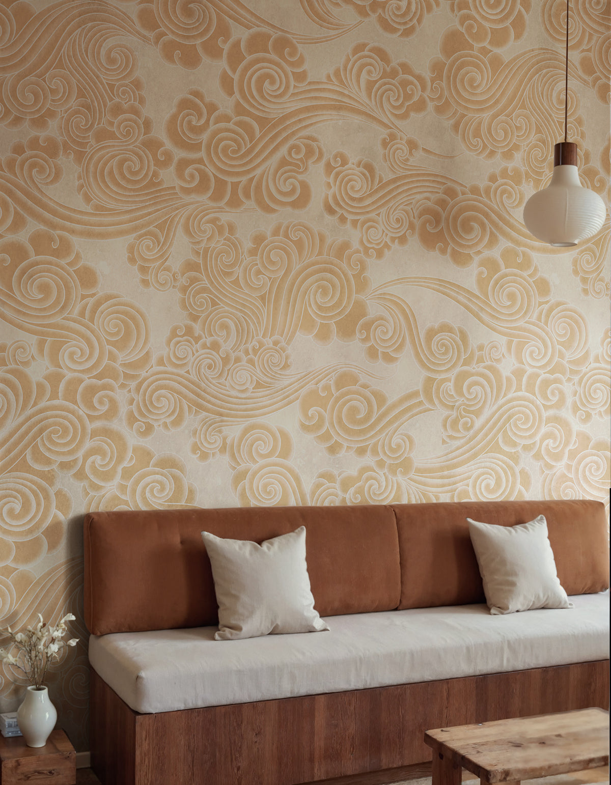 Kumo wall mural by Rebel Walls in Peach, styled room