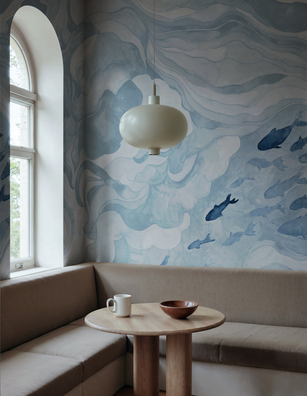 Silent Stream wall mural by Rebel Walls in Blue – Light Blue, styled room