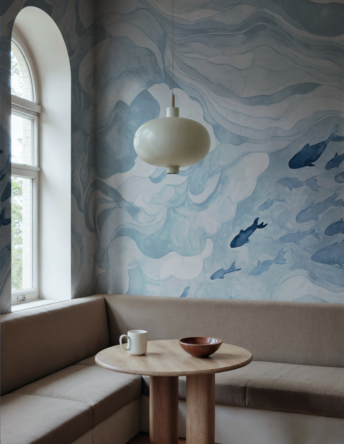 Silent Stream wall mural by Rebel Walls in Light Blue, styled room