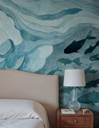 Silent Stream wall mural by Rebel Walls in Blue, styled room