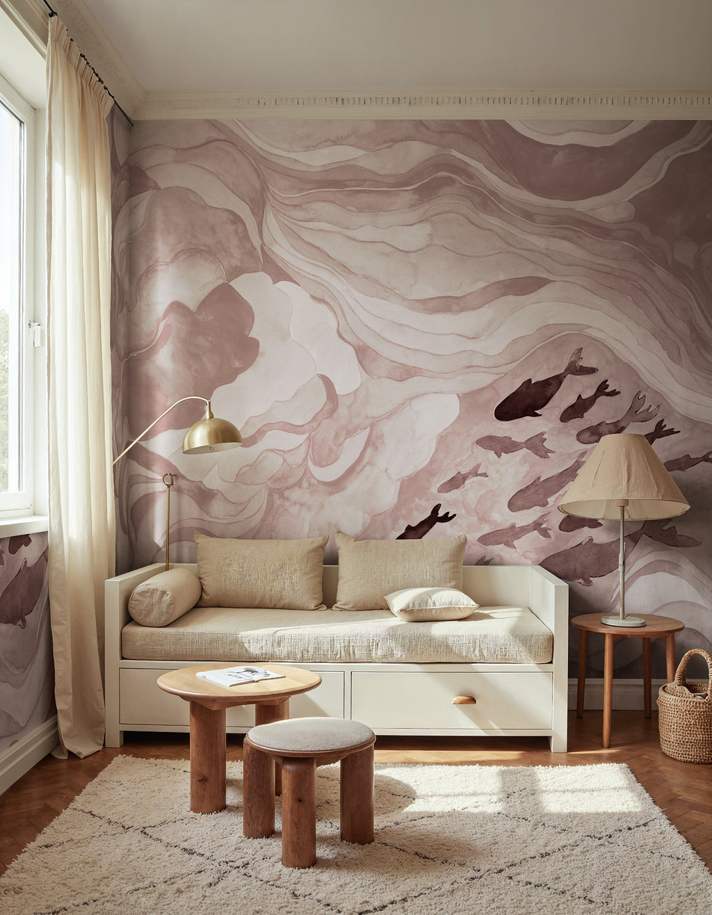 Silent Stream wall mural by Rebel Walls in Purple, styled room