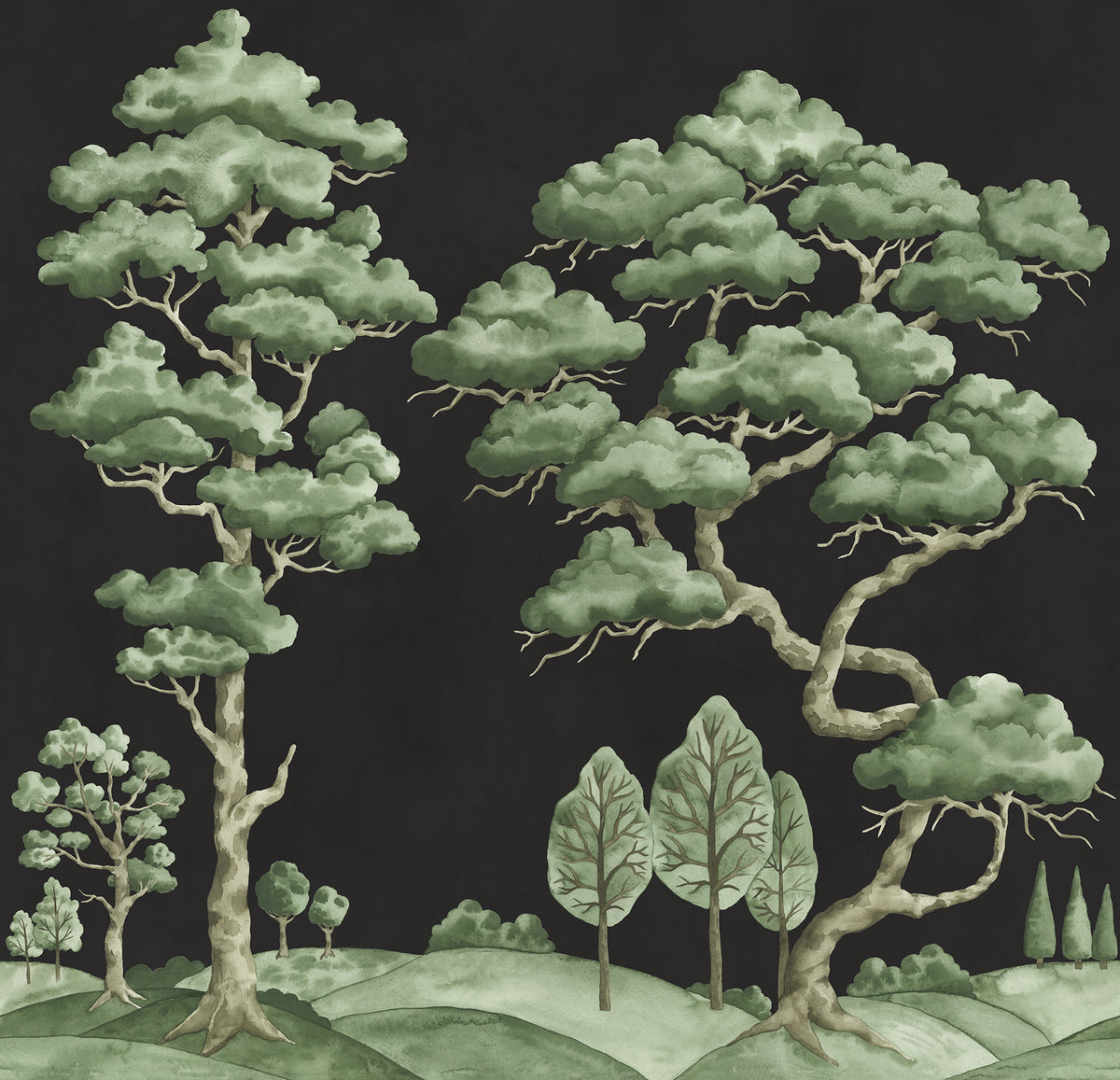 Poetic Trees wall mural by Rebel Walls in Black, flat swatch