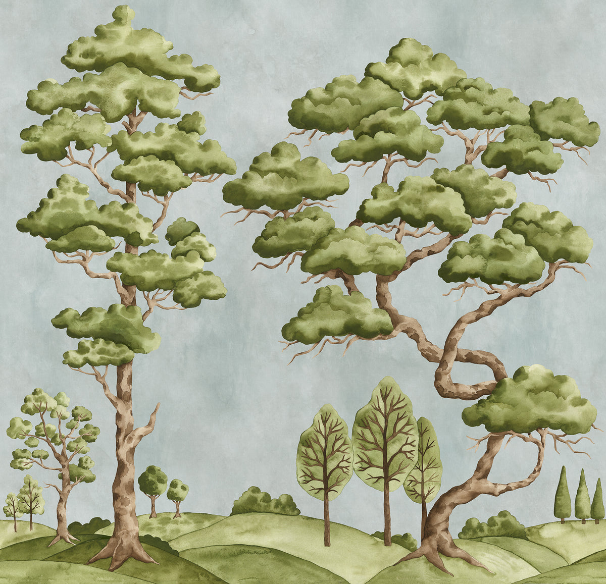 Poetic Trees wall mural by Rebel Walls in Blue, flat swatch