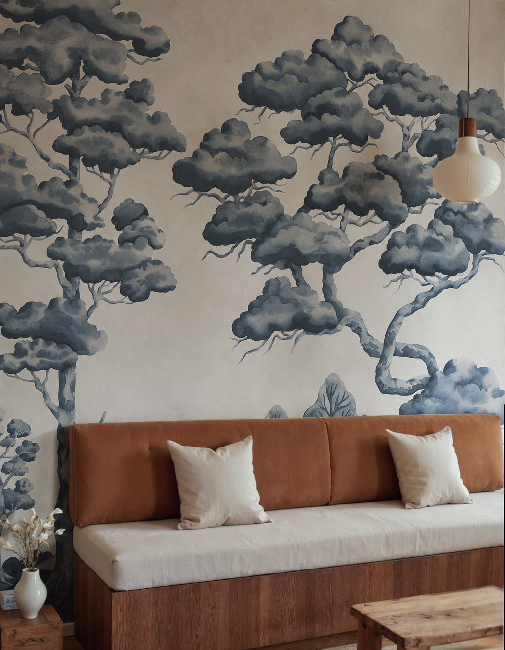Poetic Trees wall mural by Rebel Walls in Blue – Dark Blue, styled room
