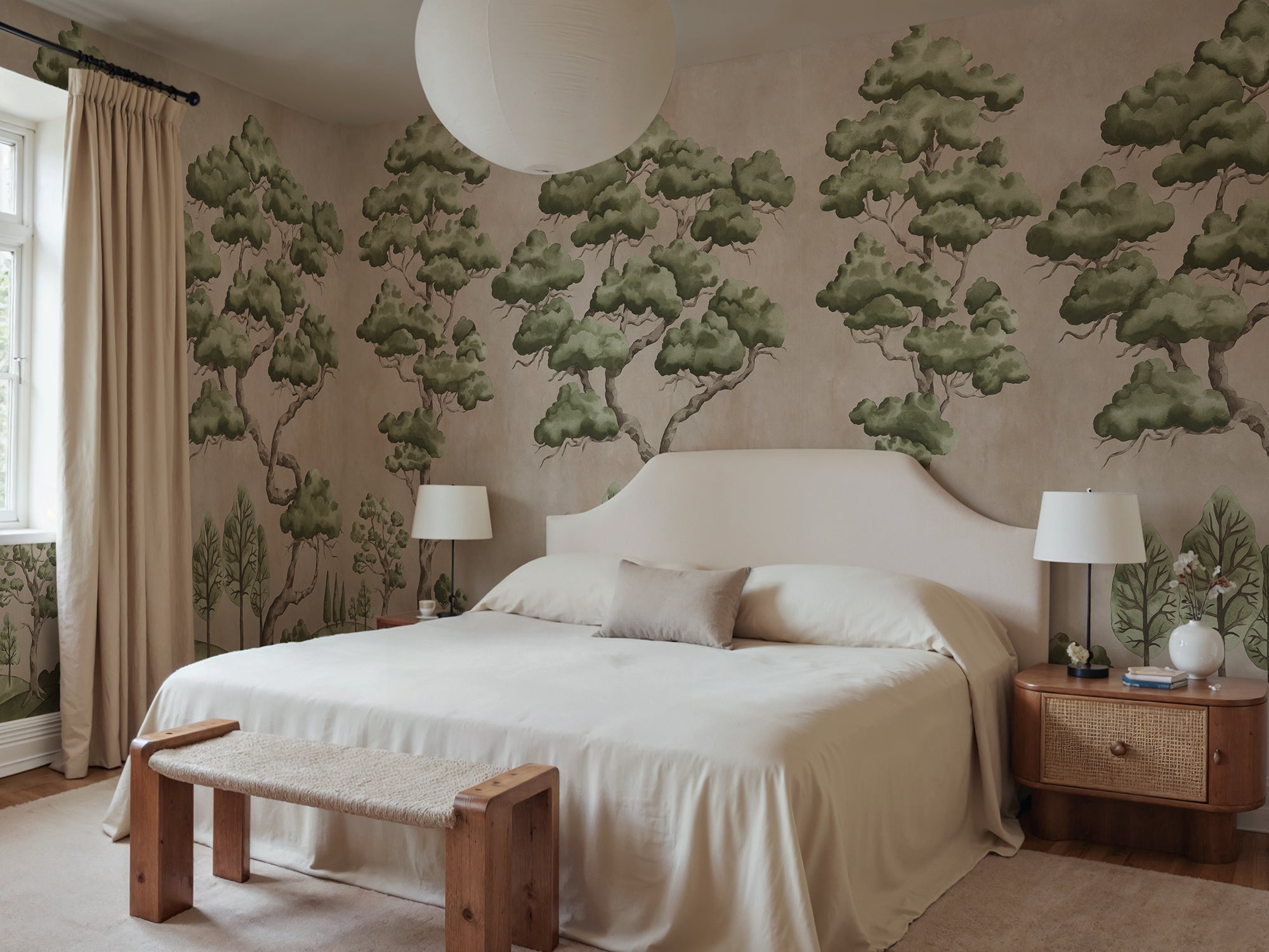 Poetic Trees wall mural by Rebel Walls in Pink, styled room