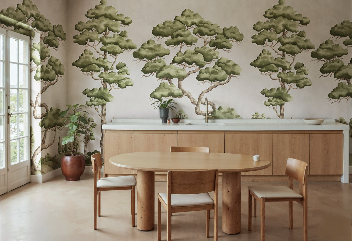 Poetic Trees wall mural by Rebel Walls in Beige, styled room