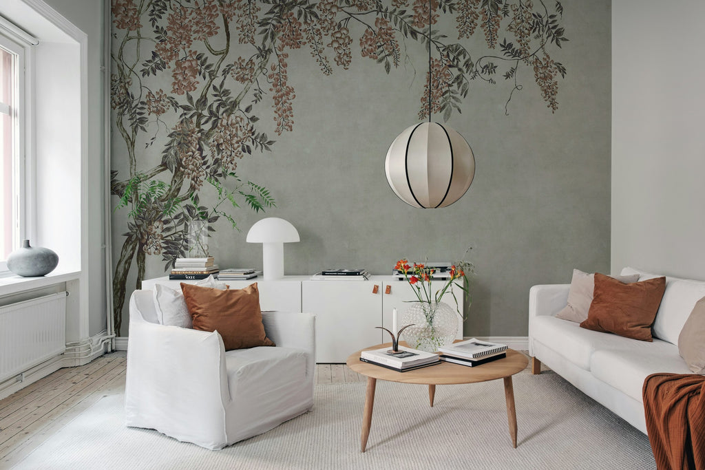 Wisteria Garden wall mural by Rebel Walls in Grey, styled room