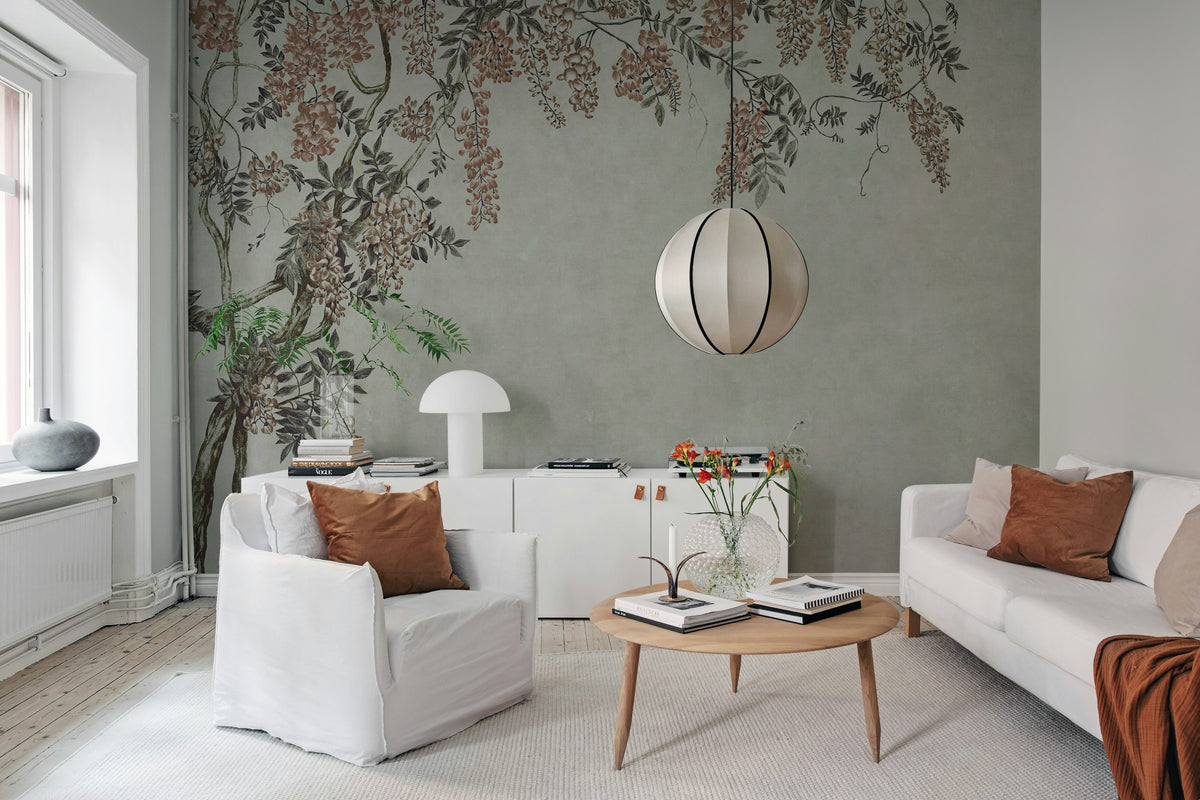 Wisteria Garden wall mural by Rebel Walls in Grey, styled room