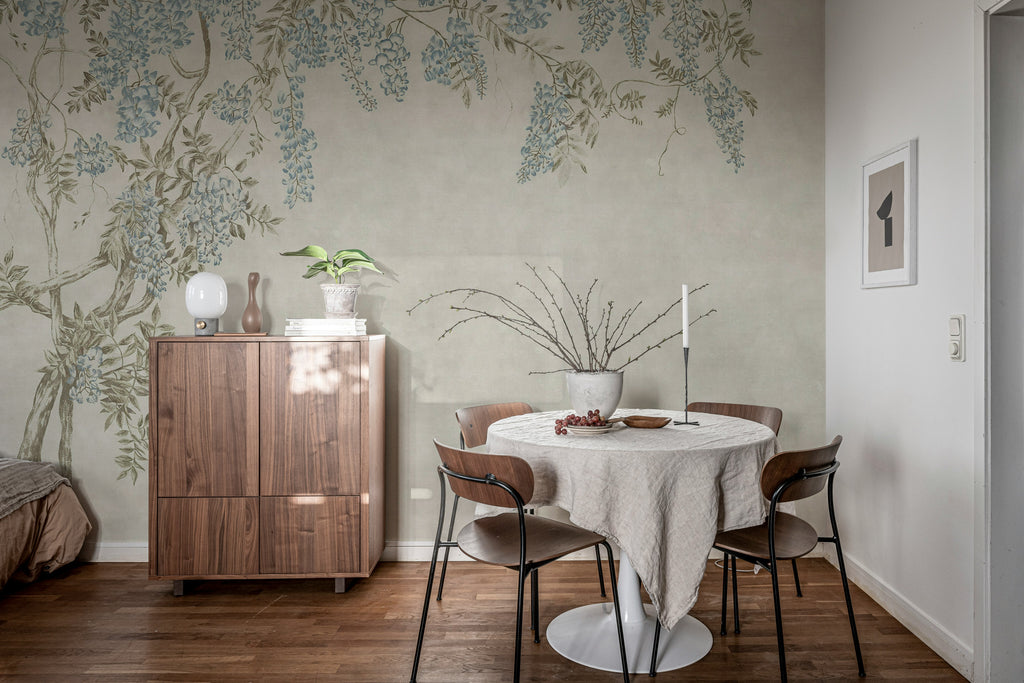 Wisteria Garden wall mural by Rebel Walls in Blue, styled room