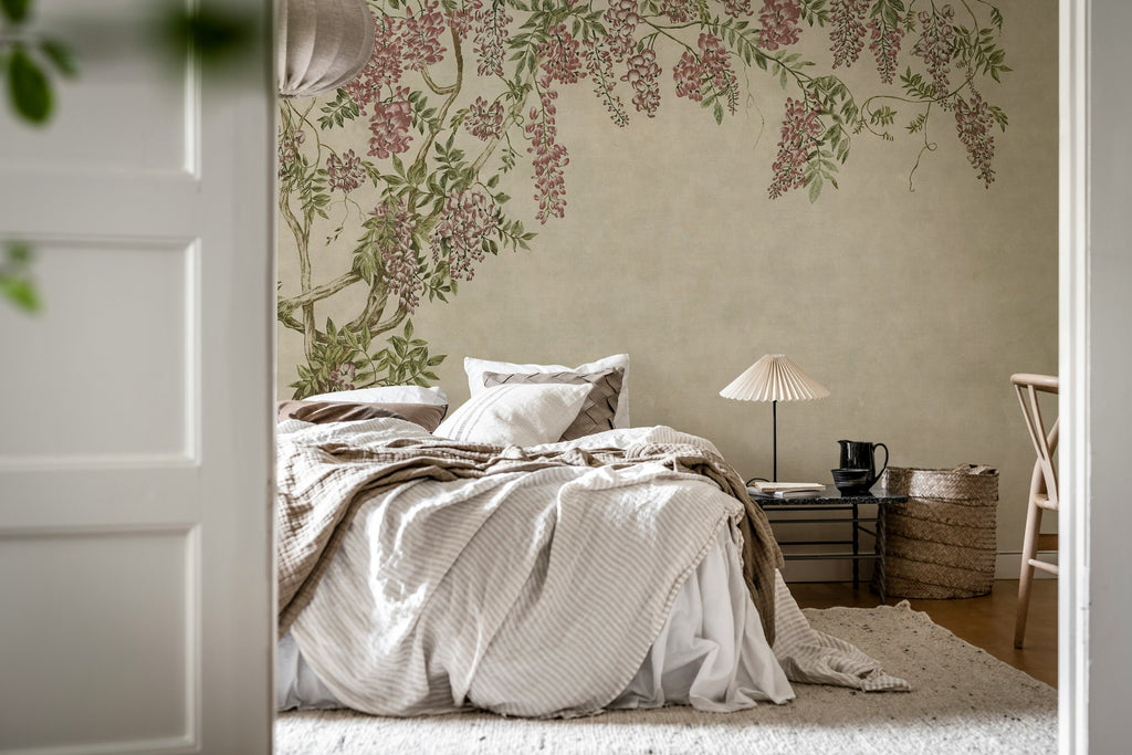 Wisteria Garden wall mural by Rebel Walls in Beige, styled room