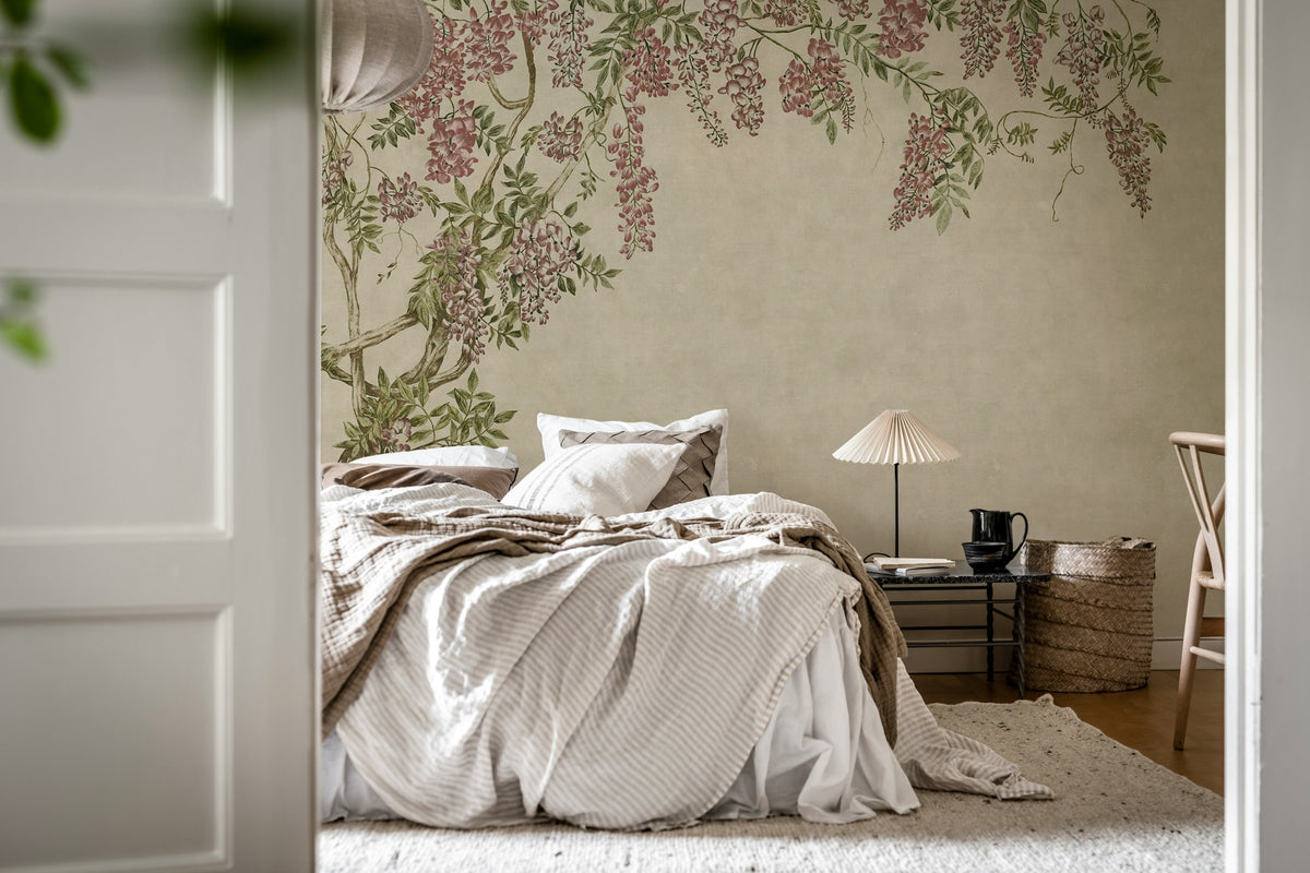Wisteria Garden wall mural by Rebel Walls in Beige, styled room