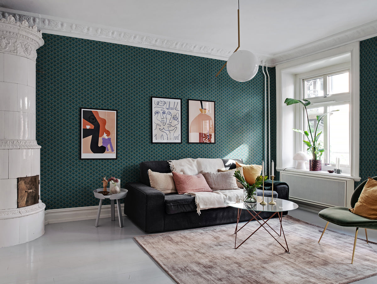 Marmaris wall mural by Rebel Walls in Teal, styled room