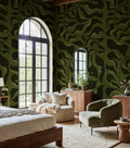 Bold Botanica wall mural by Rebel Walls in Green – Dark Green, styled room