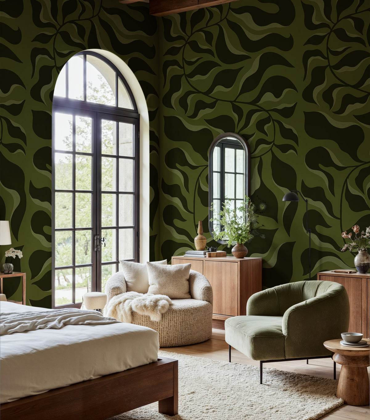 Bold Botanica wall mural by Rebel Walls in Green – Dark Green, styled room