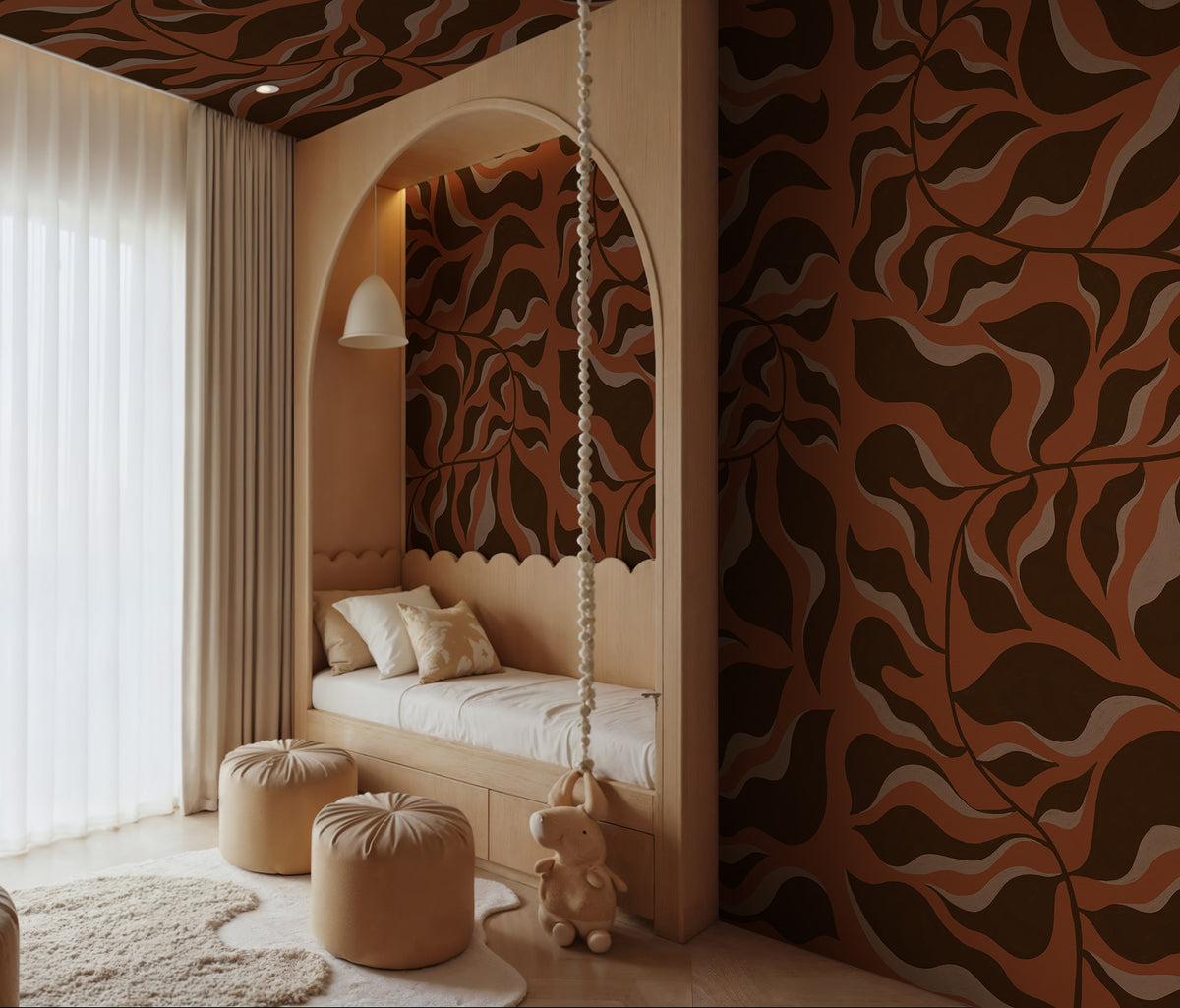Bold Botanica wall mural by Rebel Walls in Orange – Rust, styled room