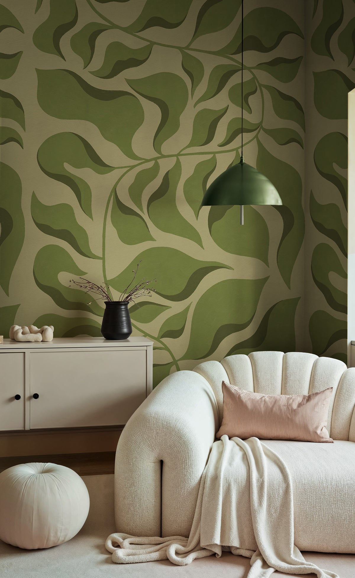 Bold Botanica wall mural by Rebel Walls in Light Green, styled room