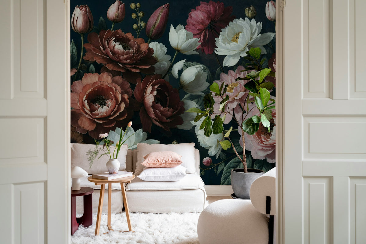 Bouquet in Bloom wall mural by Rebel Walls in Black – Dark, styled room