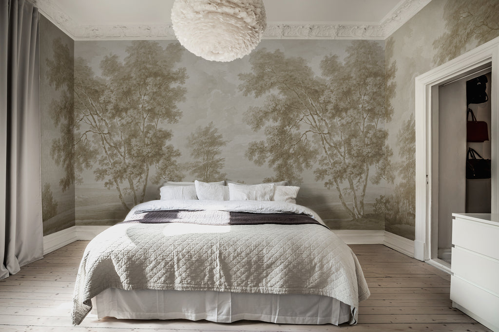 Tree on the Hill wall mural by Rebel Walls in Beige, styled room