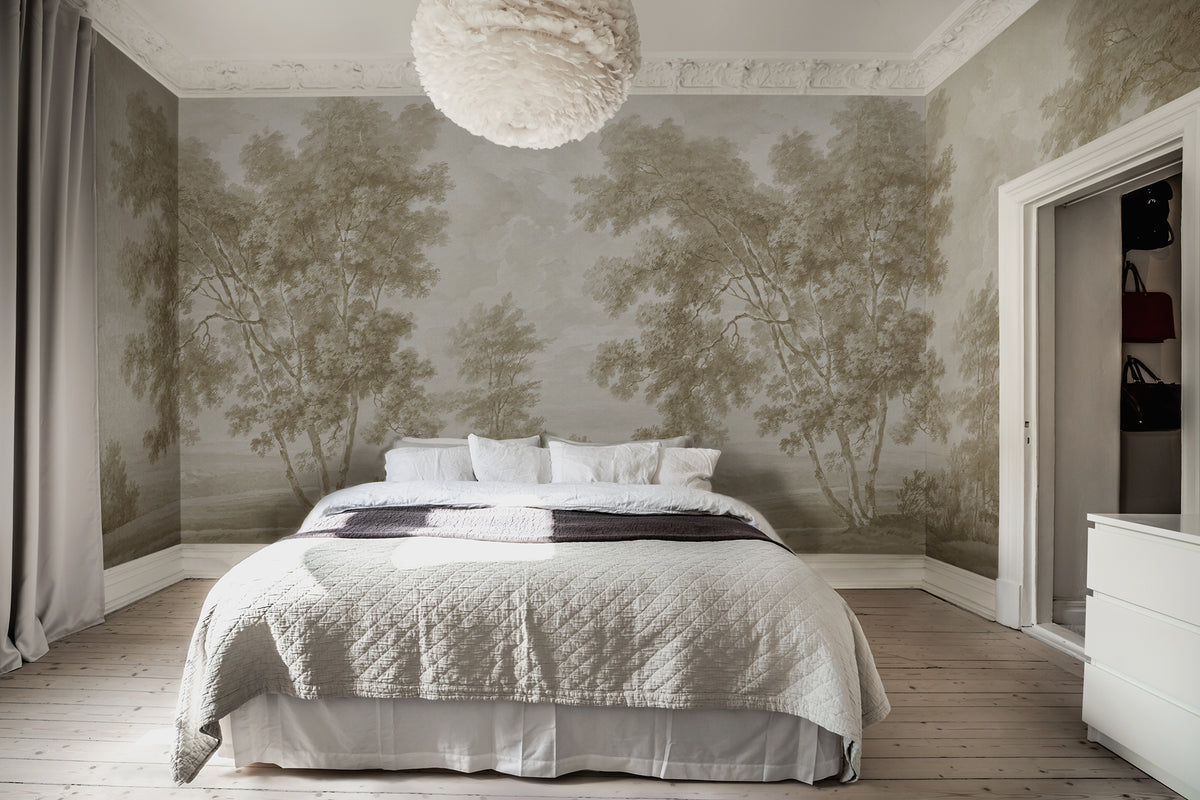 Tree on the Hill wall mural by Rebel Walls in Beige, styled room